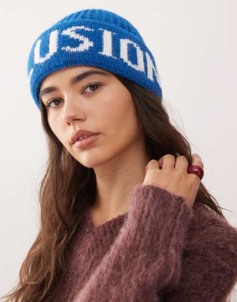 COLLUSION fluffy logo beanie in blue - view 1