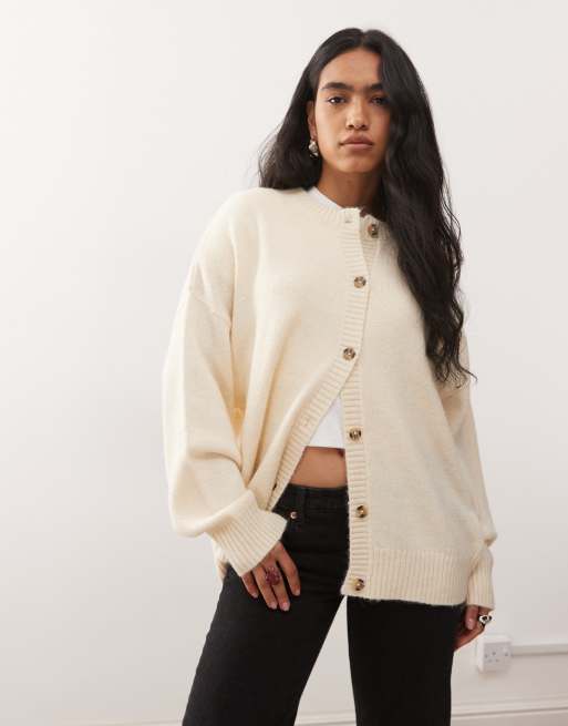 COLLUSION fluffy oversized crew neck cardi in beige