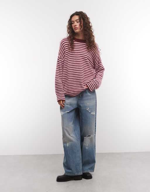 COLLUSION fluffy oversized stribet striktrøje i pink og burgundy, 3 af 4