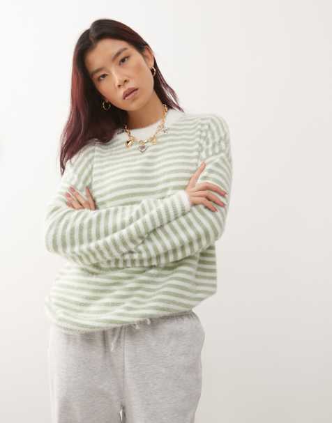 COLLUSION fluffy oversized stripe jumper in green - view 1