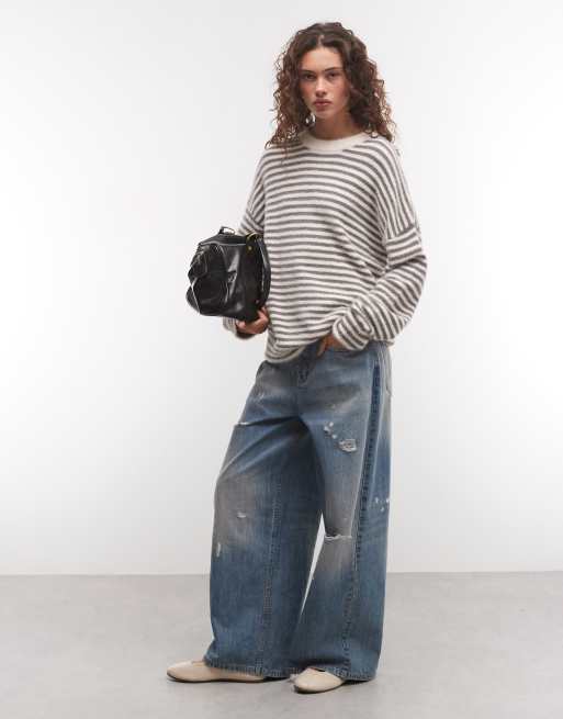 COLLUSION fluffy oversized stripe sweater in gray, 2 of 4