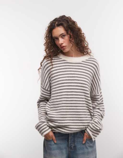 COLLUSION fluffy oversized stripe sweater in gray, 3 of 4