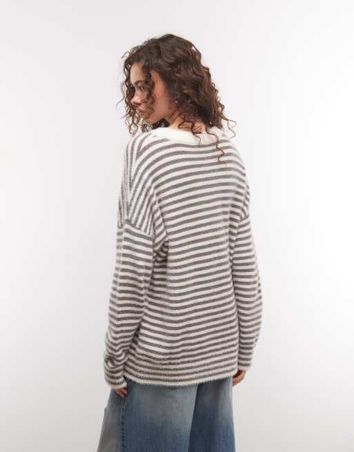 COLLUSION fluffy oversized stripe sweater in gray, 4 of 4
