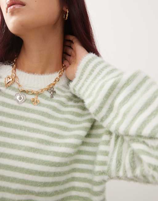 COLLUSION fluffy oversized stripe sweater in green, 3 of 4