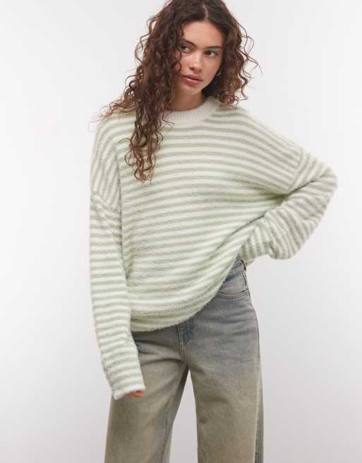 COLLUSION fluffy oversized stripe sweater in green, 4 of 4