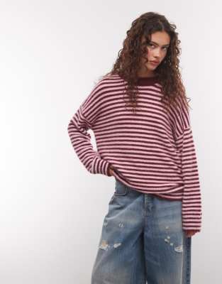 Collusion Fluffy Oversized Striped Sweater In Red