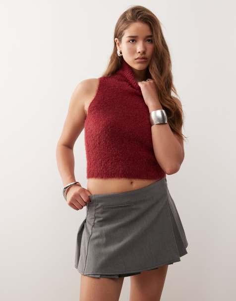 COLLUSION fluffy roll neck knitted singlet in burgundy - view 1
