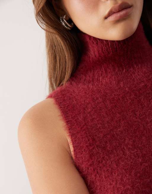 COLLUSION fluffy roll neck knitted vest in burgundy, 3 of 4