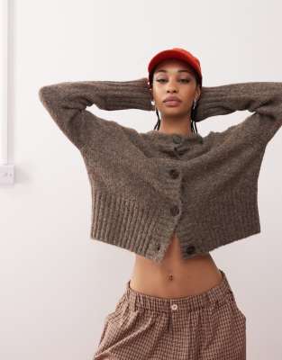 fluffy textured crew neck cardigan in brown