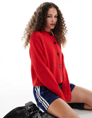 fluffy textured crew neck cardigan in red