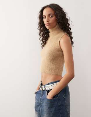 Collusion Fluffy Turtleneck Knit Vest In Brown