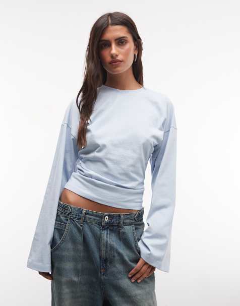 COLLUSION flute sleeve fitted top in blue - view 1