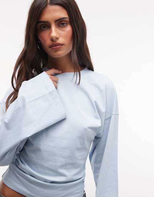 COLLUSION fluted sleeve fitted top in blue, 3 of 4