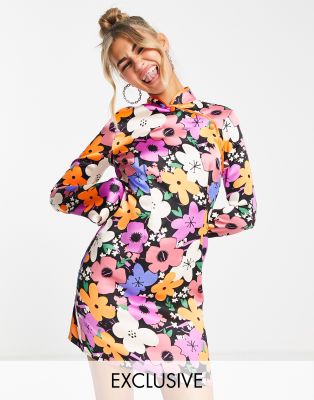 collusion fluted sleeve mini dress in floral print