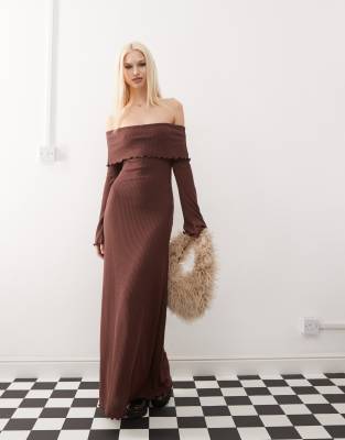 fold-over bardot maxi dress in chocolate rib-Brown