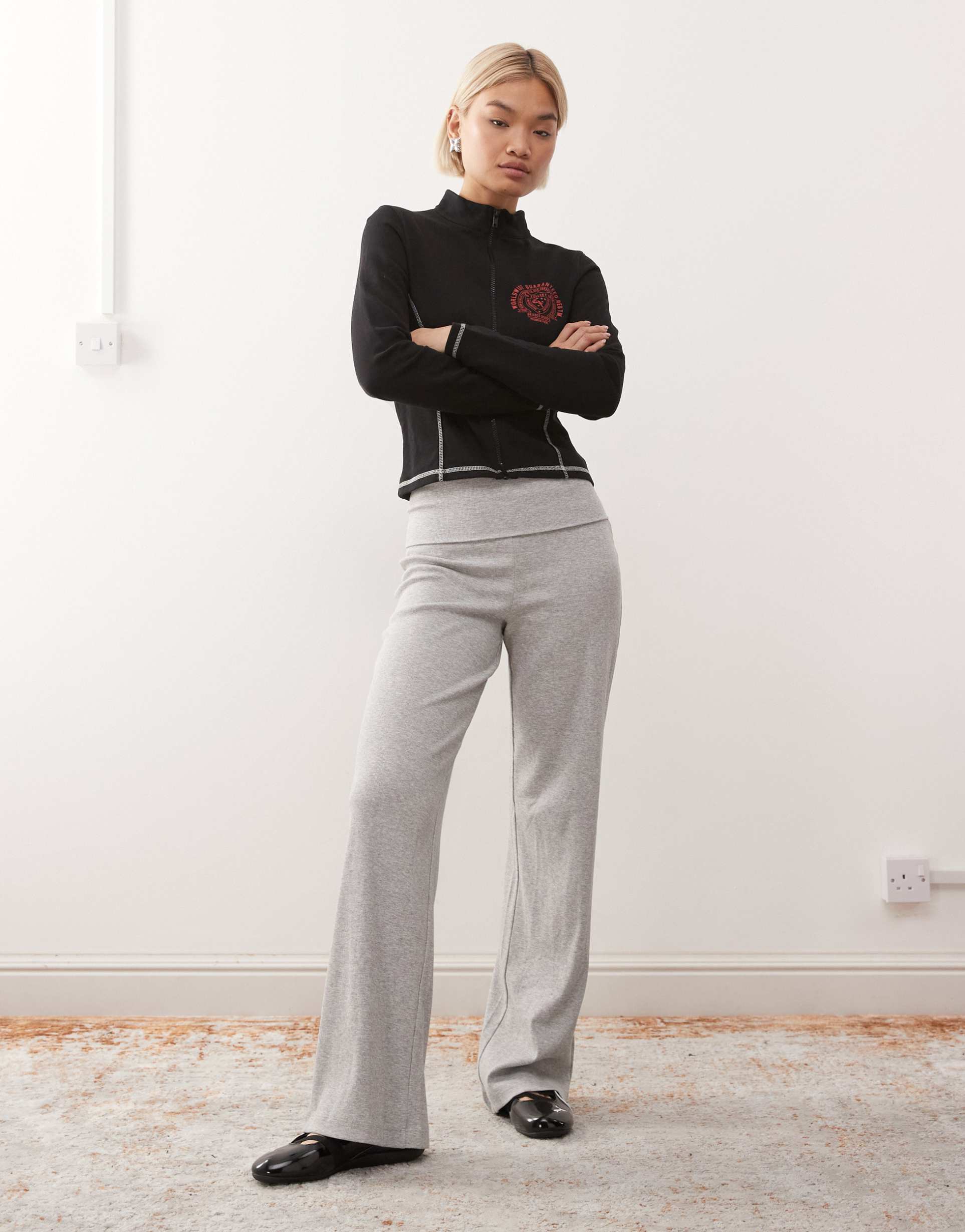 collusion foldover waist ribbed flare yoga pants in gray heather