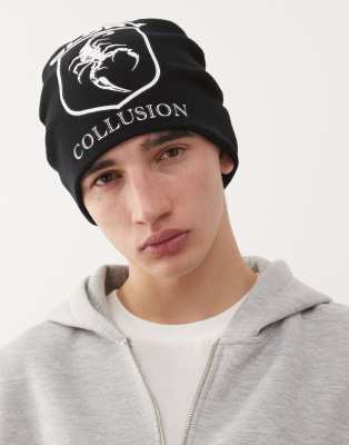 COLLUSION football beanie with scorpion print in black