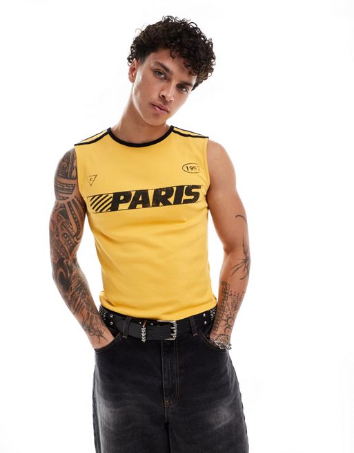 COLLUSION football singlet top in yellow with Paris print