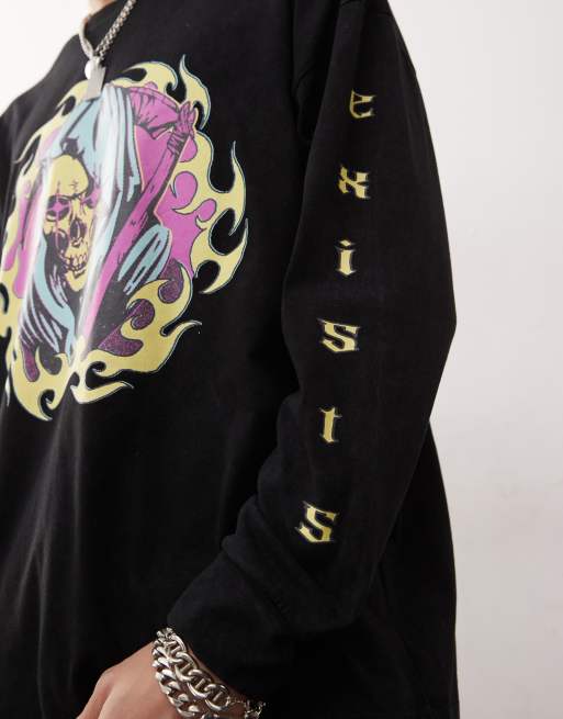 COLLUSION - Forvasket T-shirt med lange ærmer og grafisk kranieprint, 4 af 4
