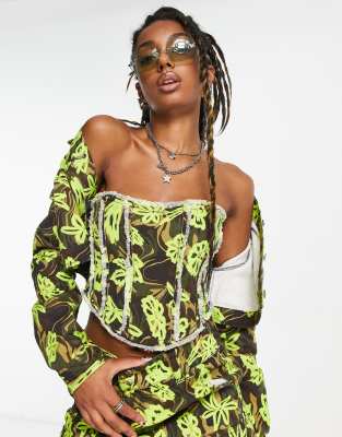 Collusion Frayed Edge Corset Top In Floral Camo - Part Of A Set-multi