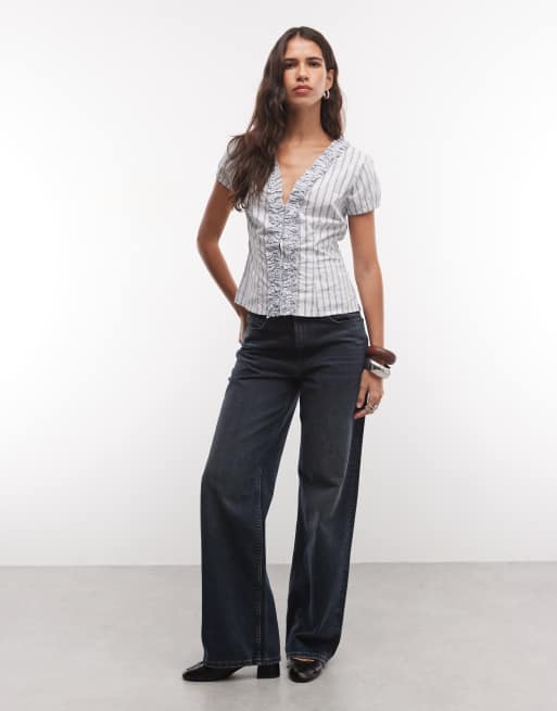 COLLUSION frill detail short sleeve blouse in blue and brown stripe, 2 of 4