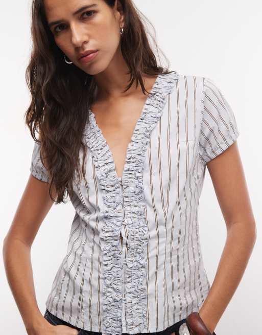 COLLUSION frill detail short sleeve blouse in blue and brown stripe, 3 of 4