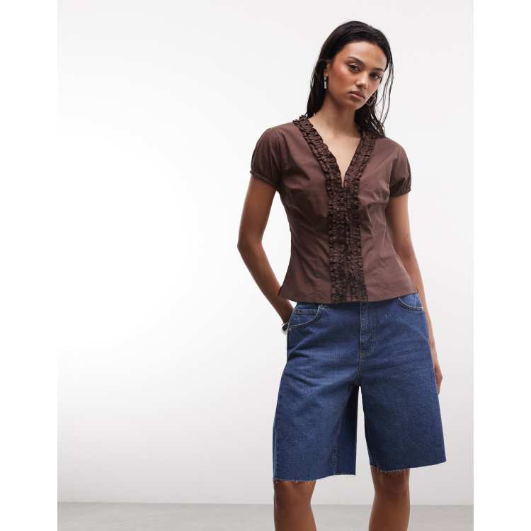 COLLUSION frill detail short sleeve blouse in brown | ASOS