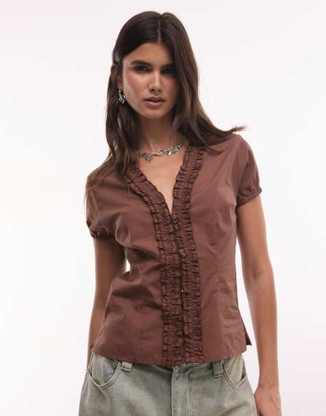 COLLUSION frill detail short sleeve blouse in brown - view 1