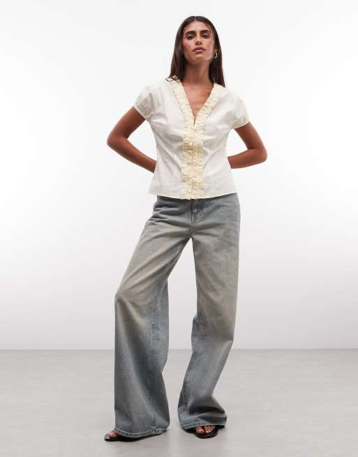 COLLUSION frill detail short sleeve blouse in buttermilk, 2 of 4