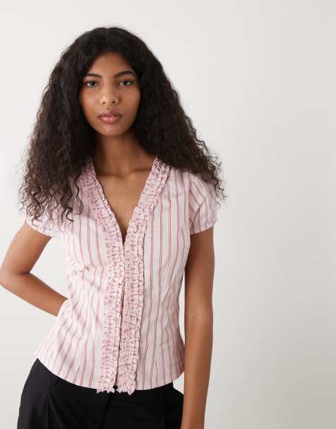 COLLUSION frill detail short sleeve blouse in pink stripe