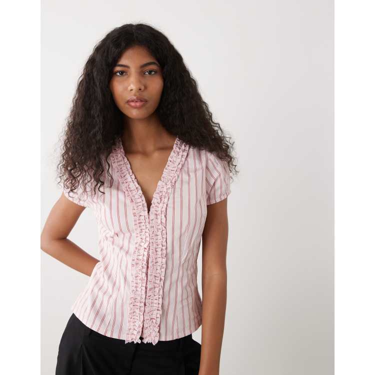 COLLUSION frill detail short sleeve blouse in pink stripet | ASOS