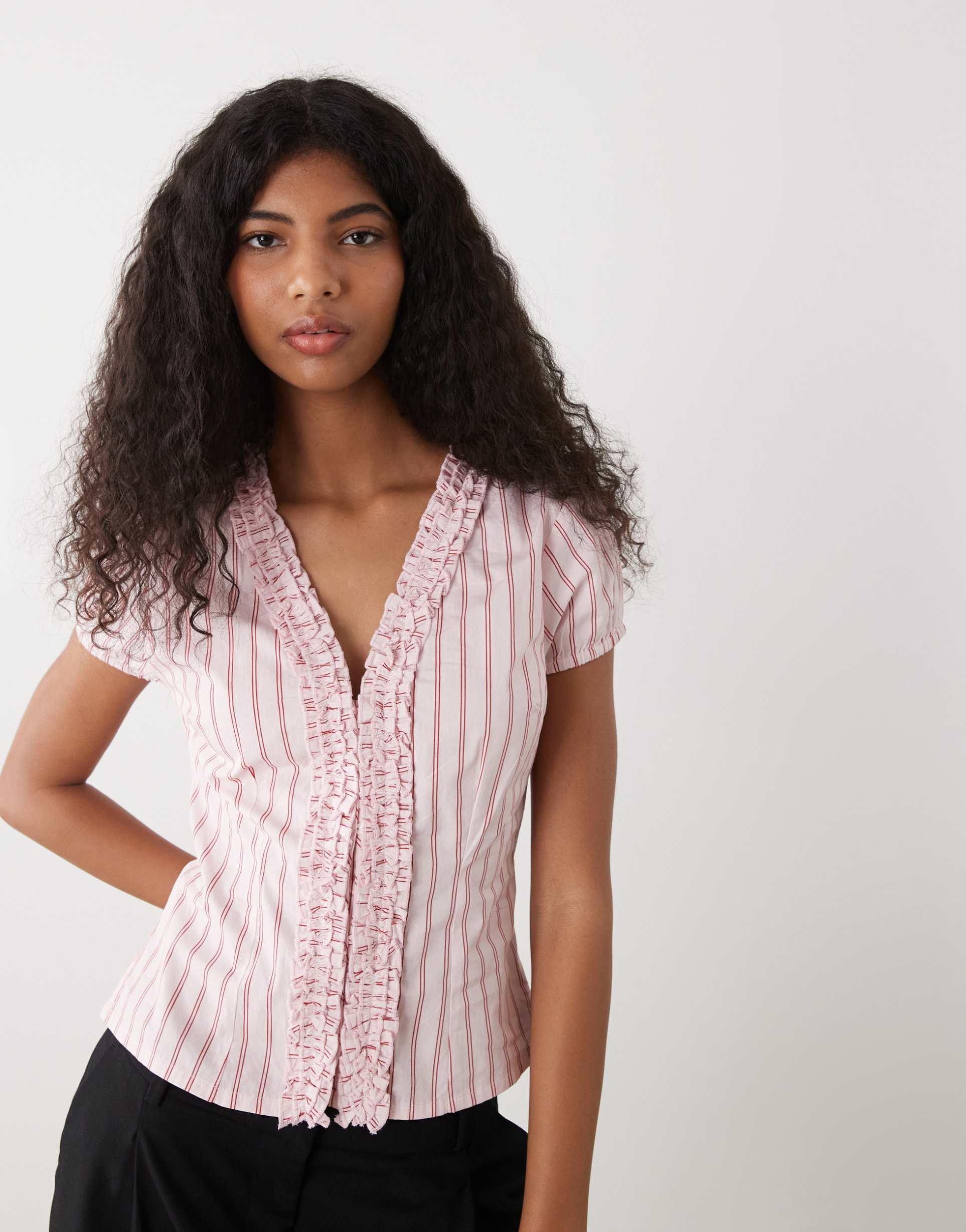 collusion frill detail short sleeve blouse in pink stripet