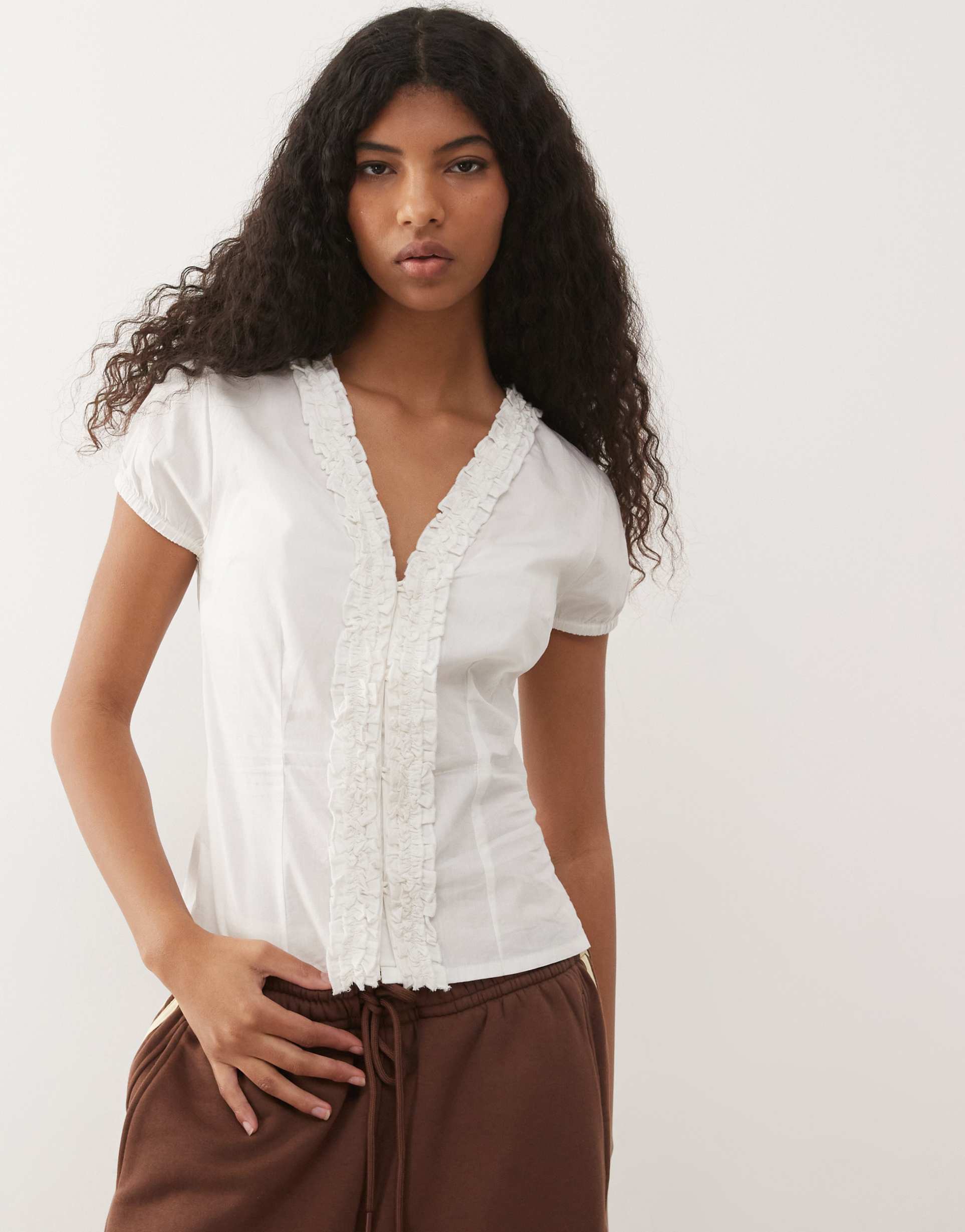 collusion frill detailing short sleeve blouse in white