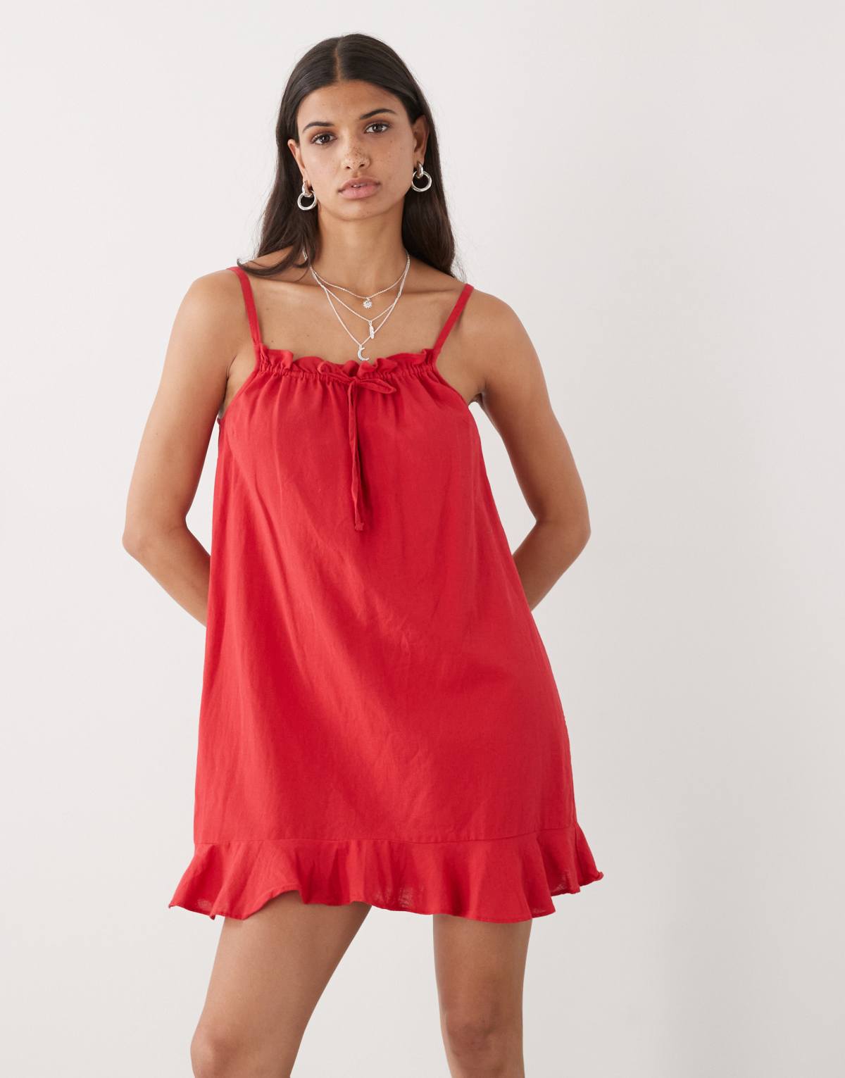 COLLUSION frill hem woven mini dress in red - WHITE