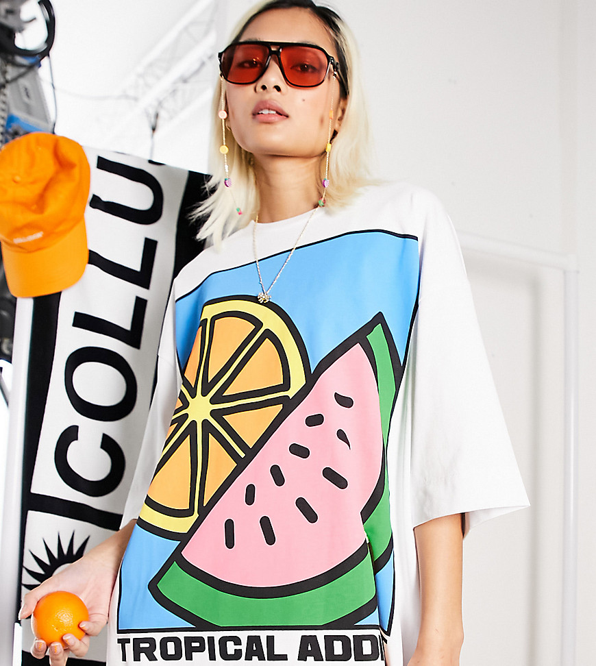 COLLUSION fruit print oversized t shirt dress-White