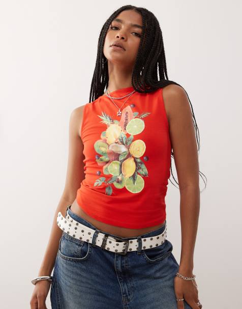 COLLUSION fruit print slash neck top in red - view 1