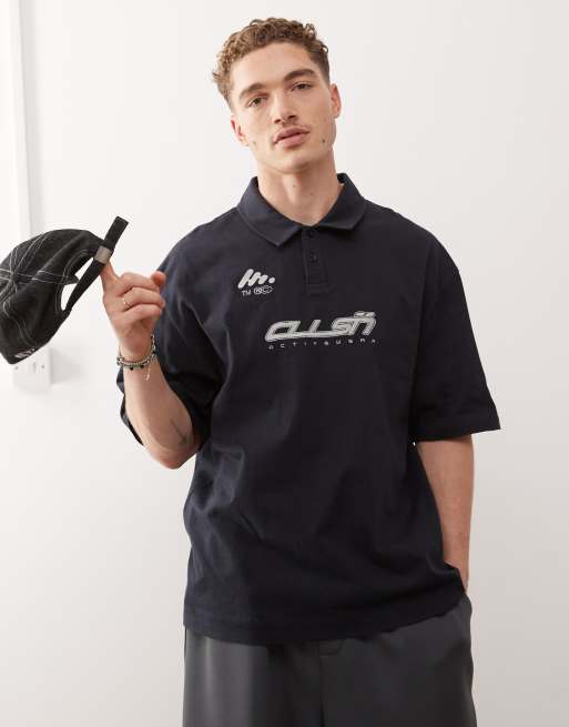 COLLUSION – Fußball-T-Shirt in Marineblau mit Polokragen 