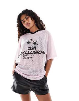 COLLUSION - Fußball-T-Shirt in Rosa mit V-Ausschnitt, Sternprint und Oversize-Schnitt