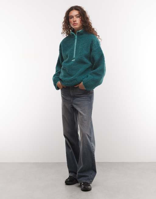 COLLUSION full zip fleece borg jacket in green, 3 of 4