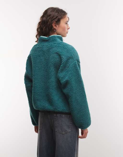 COLLUSION full zip fleece borg jacket in green, 4 of 4
