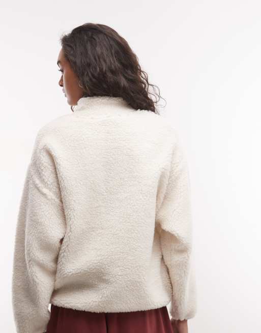 COLLUSION full zip fleece borg jacket in ivory, 3 of 4