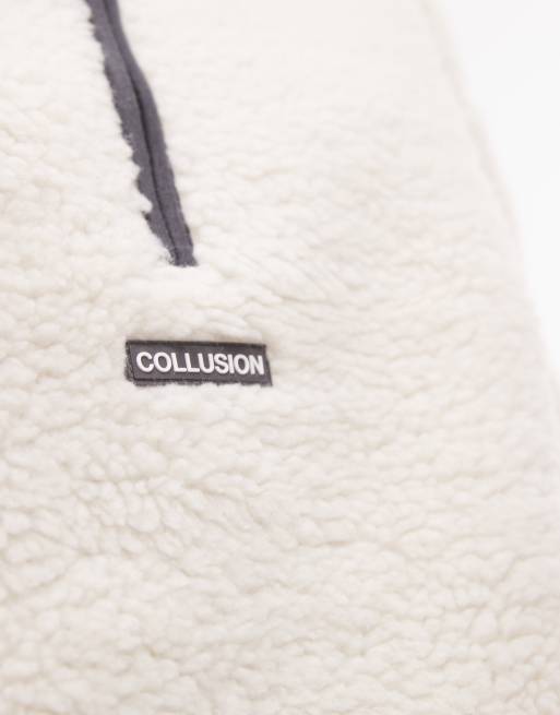 COLLUSION full zip fleece borg jacket in ivory, 4 of 4