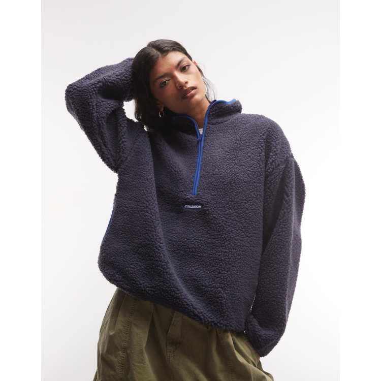 COLLUSION full zip fleece borg jacket in navy | ASOS