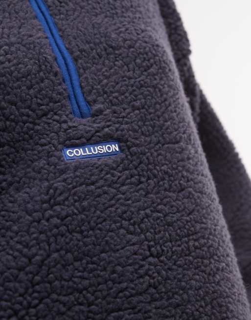 COLLUSION full zip fleece borg jacket in navy, 2 of 4