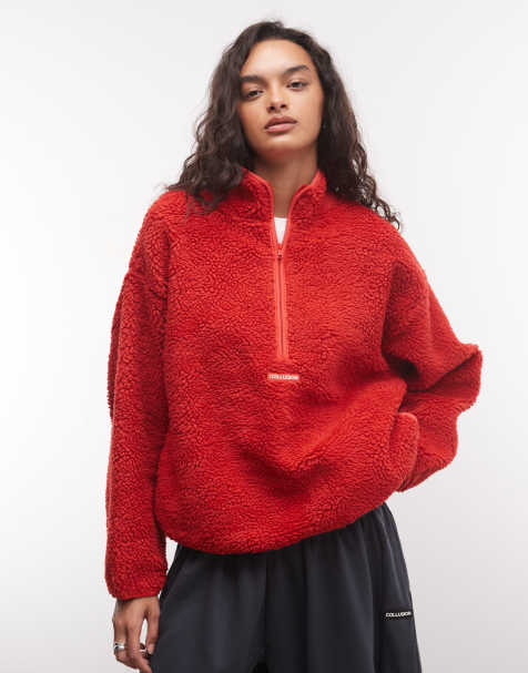 COLLUSION full zip fleece borg jacket in red - view 1