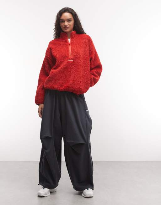 COLLUSION full zip fleece borg jacket in red, 2 of 4