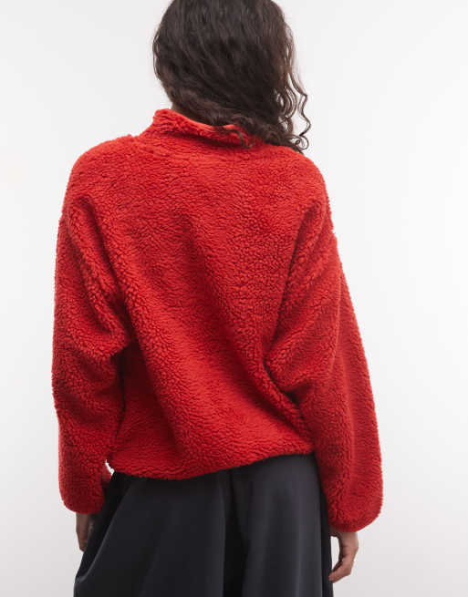 COLLUSION full zip fleece borg jacket in red, 3 of 4
