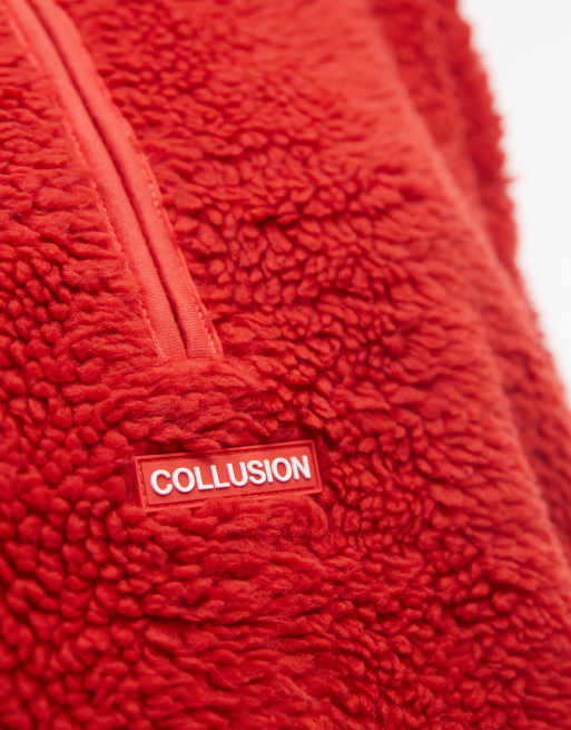 COLLUSION full zip fleece borg jacket in red, 4 of 4