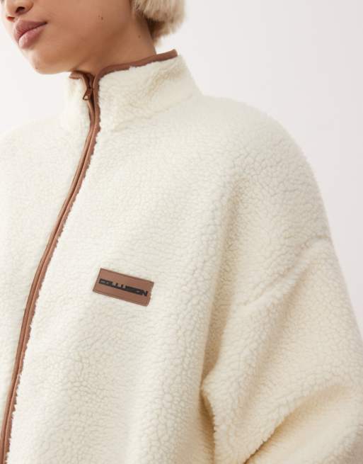 COLLUSION full zip fleece in cream, 3 of 4