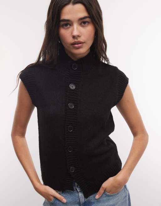 COLLUSION funnel neck button knitted top in black, 3 of 4